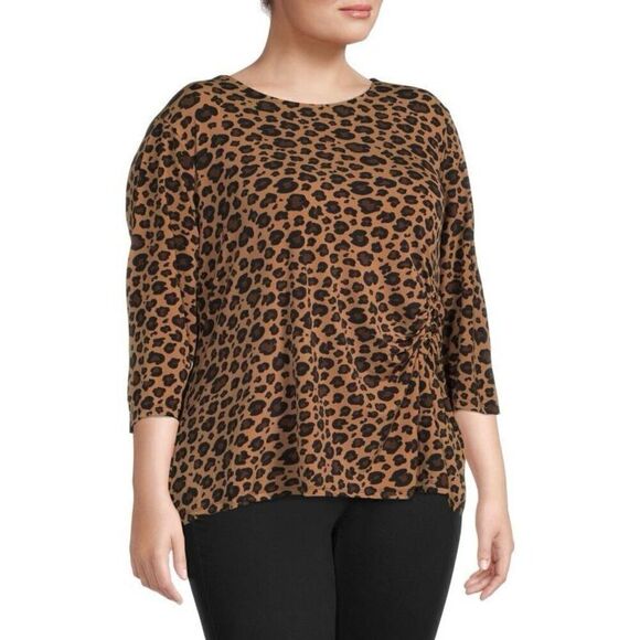 Carmen Marc Valvo 1X Leopard Print 3/4 Sleee Top Brown Tan Ruched Elevated Basic - Picture 1 of 11